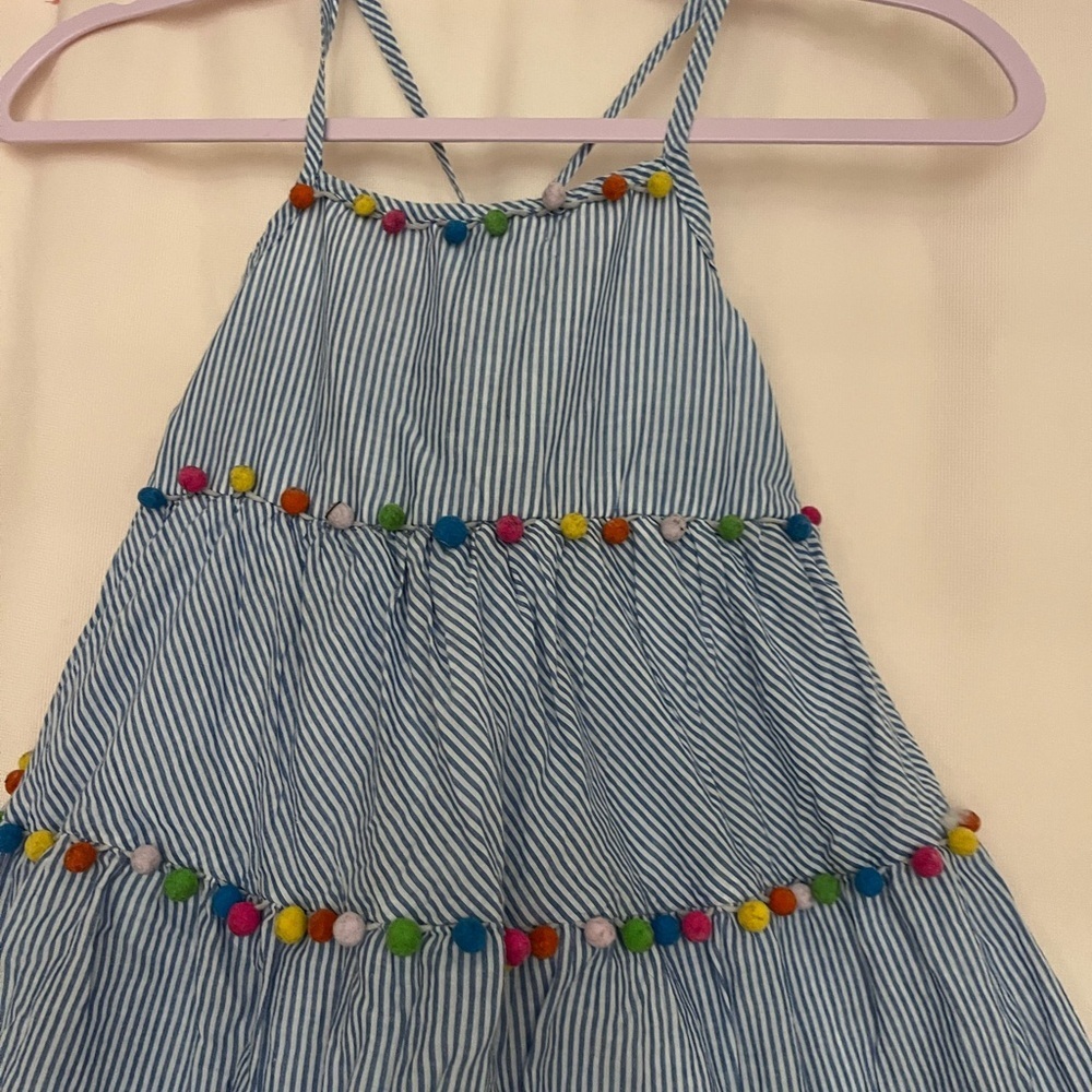 Striped Blue Kids Dress with Pom-Poms - Picture 3 of 8